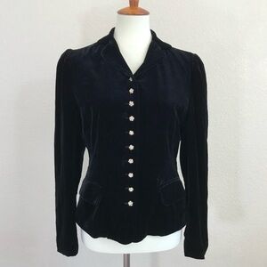 Y2K Black Velvet Blazer Rhinestone Button Details Sz 2 Silk Blend Preppy Goth